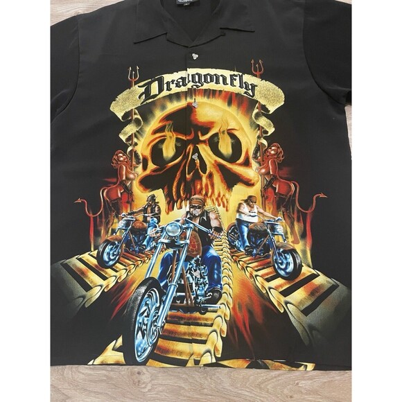 Dragonfly Clothing Biker Skull Shirt Men’s Large AOP Motorcycle Button Up VTG - Picture 2 of 10